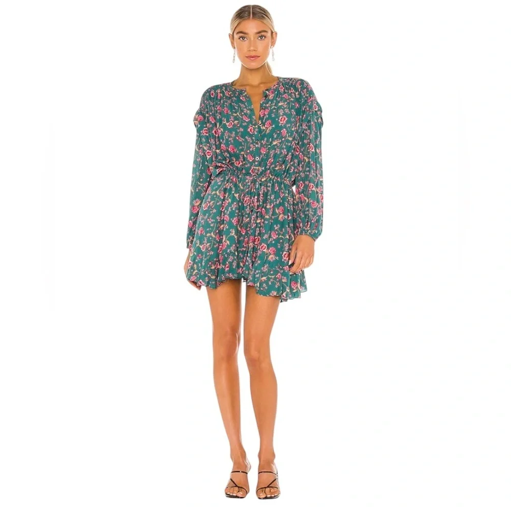 Free People Floral Fields Mini Dress in Emerald Green Sz M